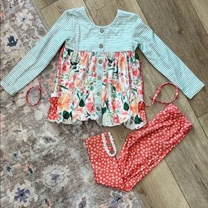 Cheeky Plum Orange and Green Floral and Striped Play Set Outfit 4T